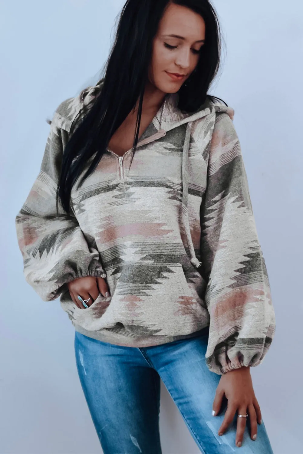 Aztec Print Quarter Zip Kangaroo Pocket Pullover Hoodie