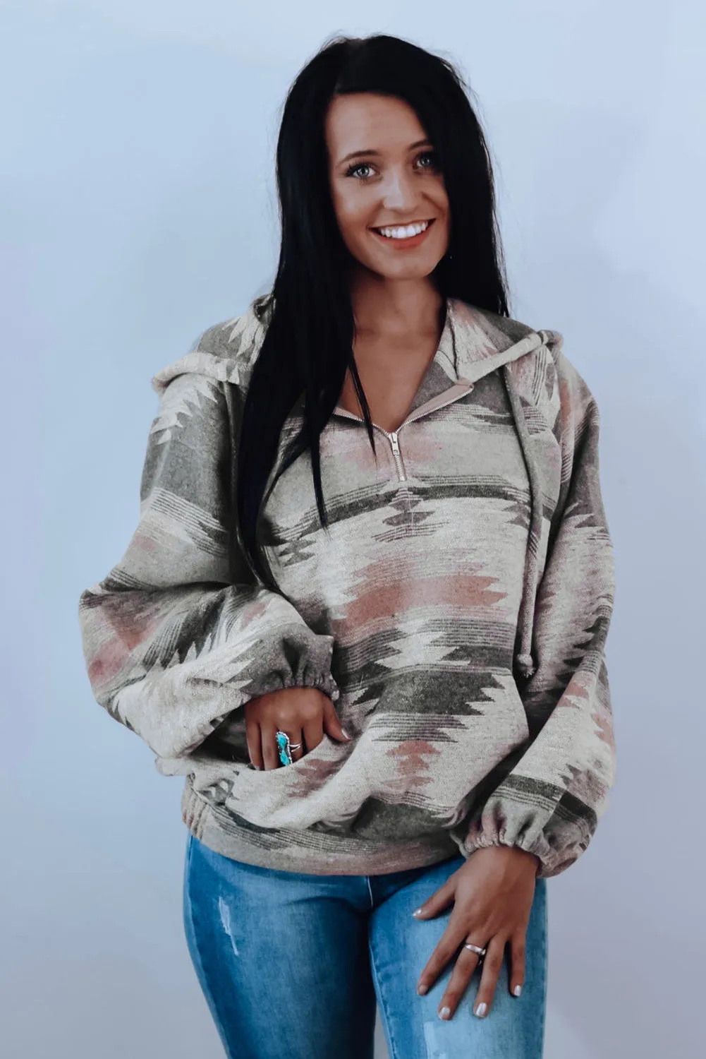 Aztec Print Quarter Zip Kangaroo Pocket Pullover Hoodie