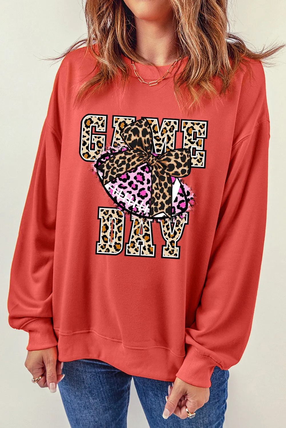 Game Day Crew Neck Bow Rugby Pattern Pullover Sweatshirt