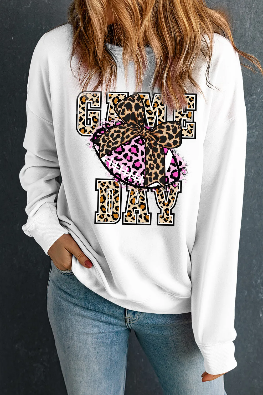 Game Day Crew Neck Bow Rugby Pattern Pullover Sweatshirt