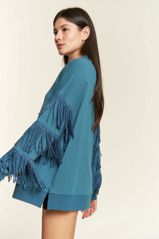 JADE by JANE Plus-size Silver Studded Fringe Sleeves Sweater top - PLUS JJT5009P