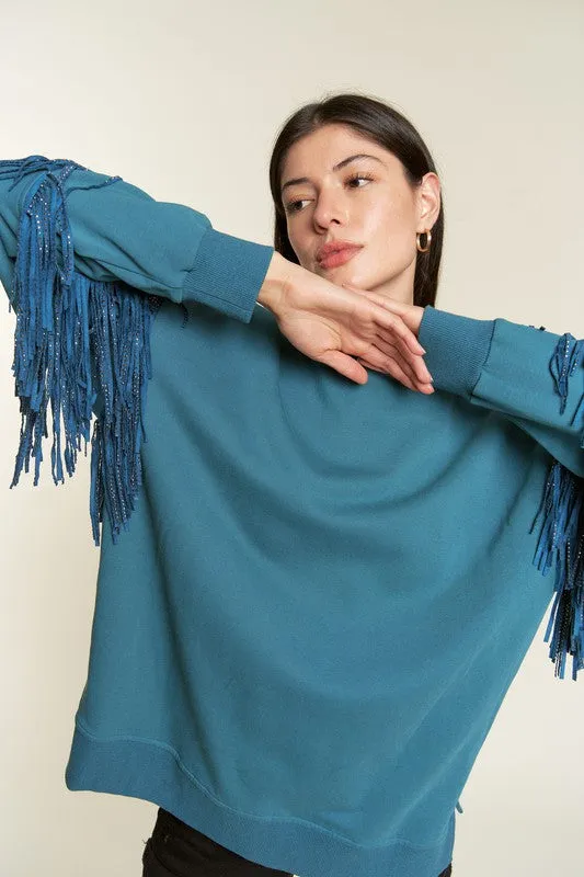 JADE by JANE Plus-size Silver Studded Fringe Sleeves Sweater top - PLUS JJT5009P