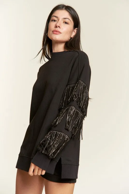 JADE by JANE Plus-size Silver Studded Fringe Sleeves Sweater top - PLUS JJT5009P