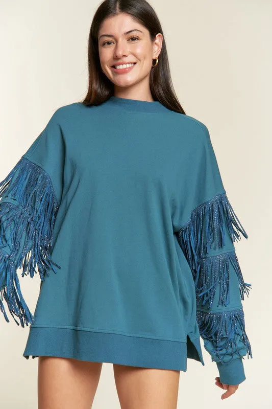 JADE by JANE Plus-size Silver Studded Fringe Sleeves Sweater top - PLUS JJT5009P