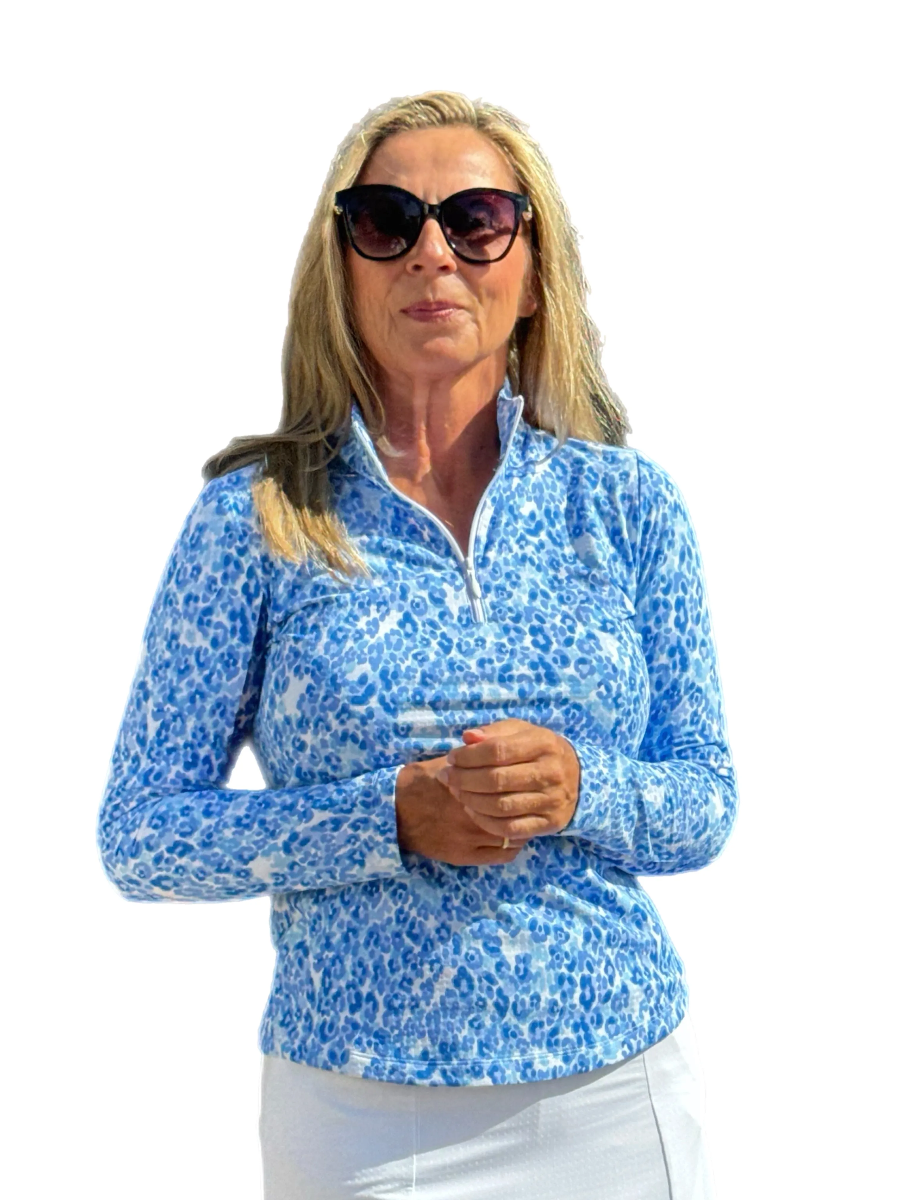 Long Sleeve Mock-Neck Zip Top Blue Confetti