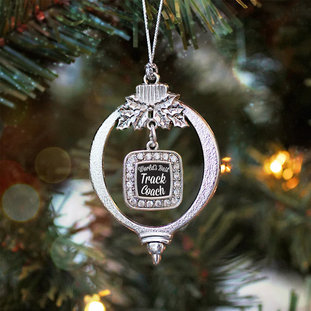Silver World's Best Track Coach Square Charm Holiday Ornament
