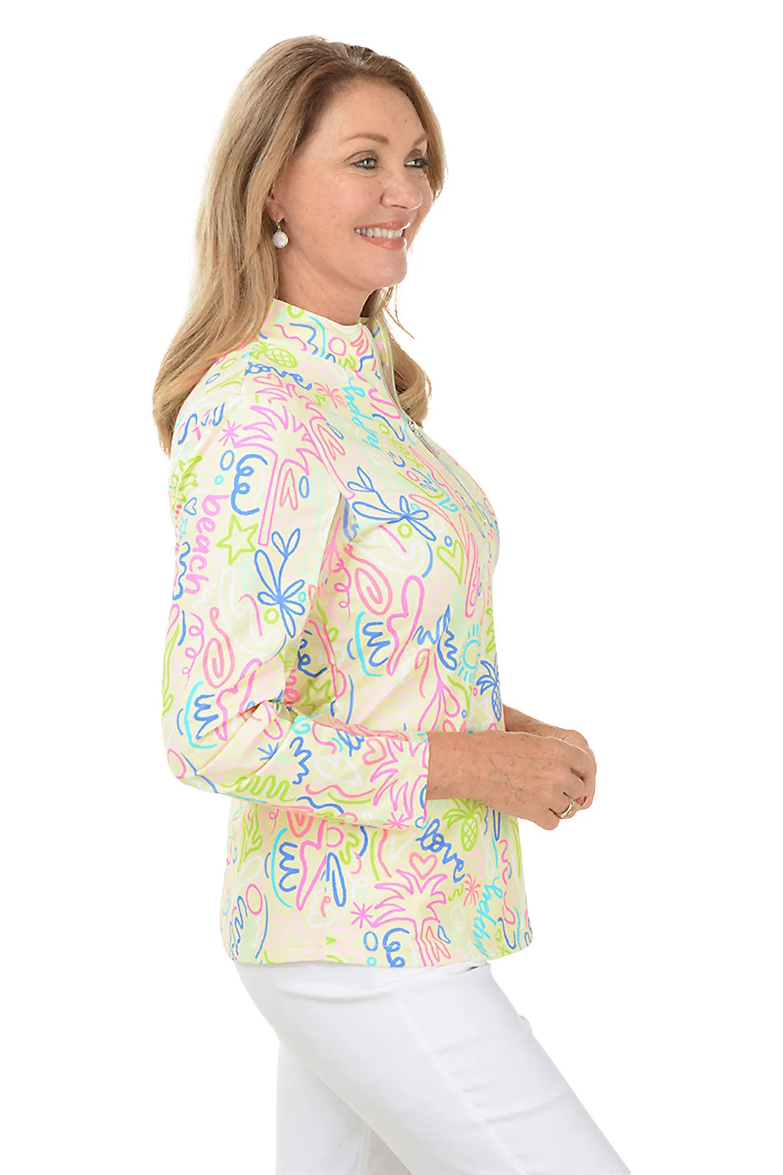 Yellow Beach Drawings Cooling UPF50  Mock Neck Top